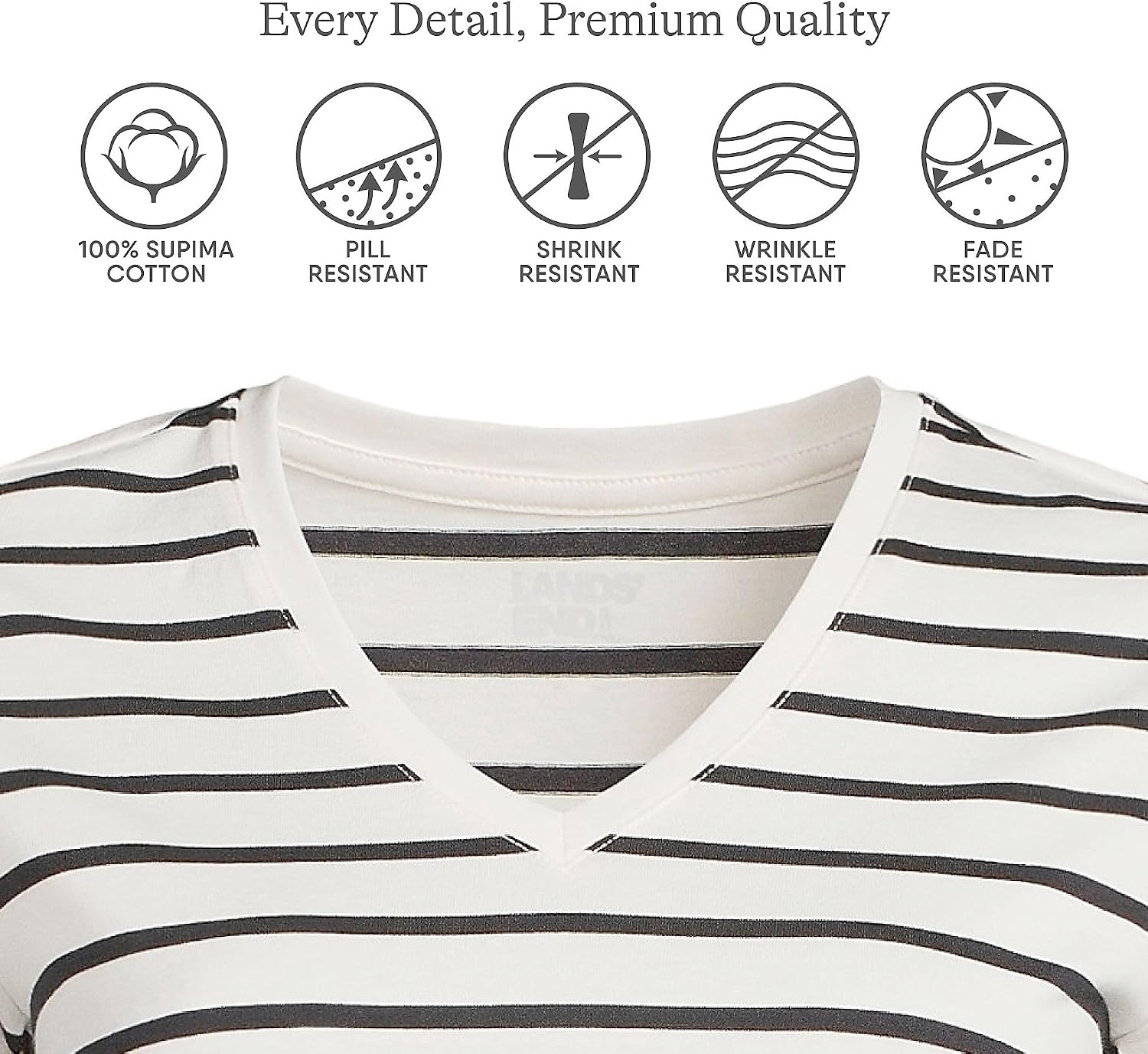 image:imageLands End Womens Supima VNeck TShirtIvoryBlack Breton Stripe