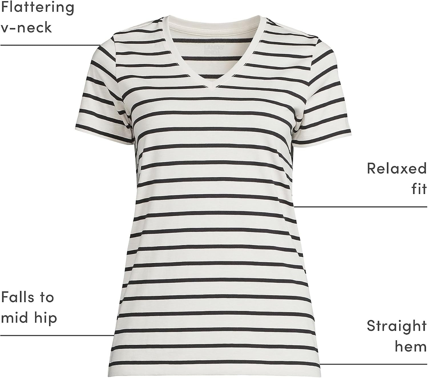 image:imageLands End Womens Supima VNeck TShirtIvoryBlack Breton Stripe