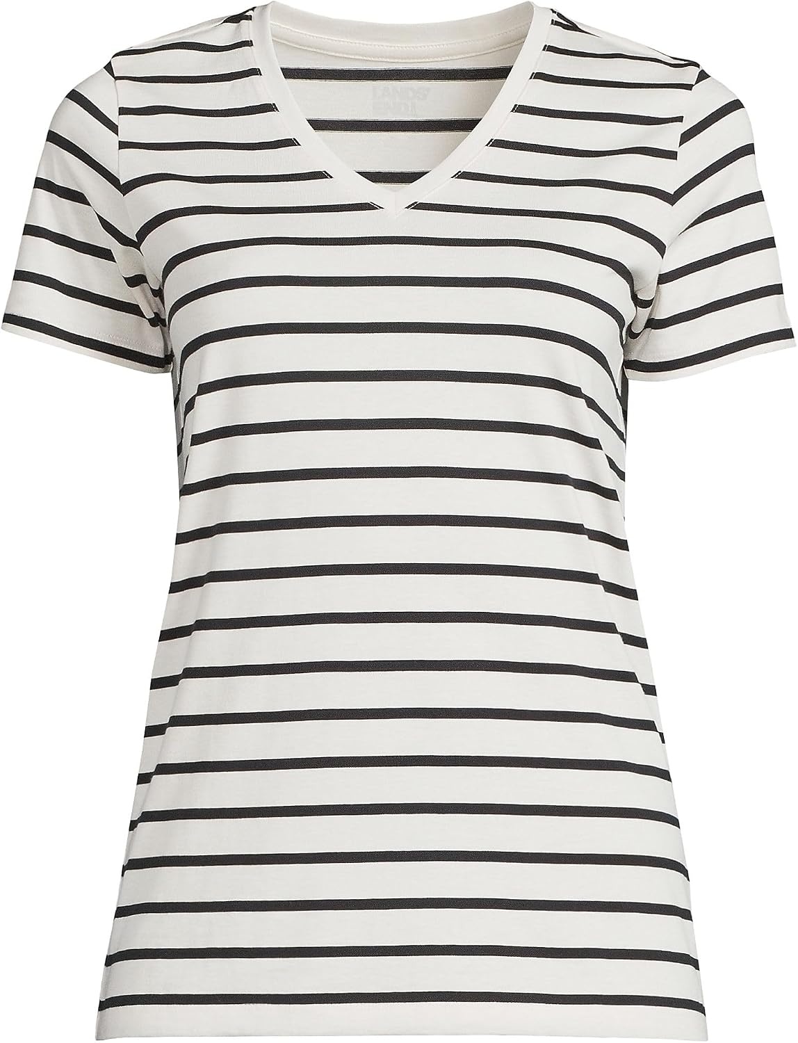 image:imageLands End Womens Supima VNeck TShirtIvoryBlack Breton Stripe