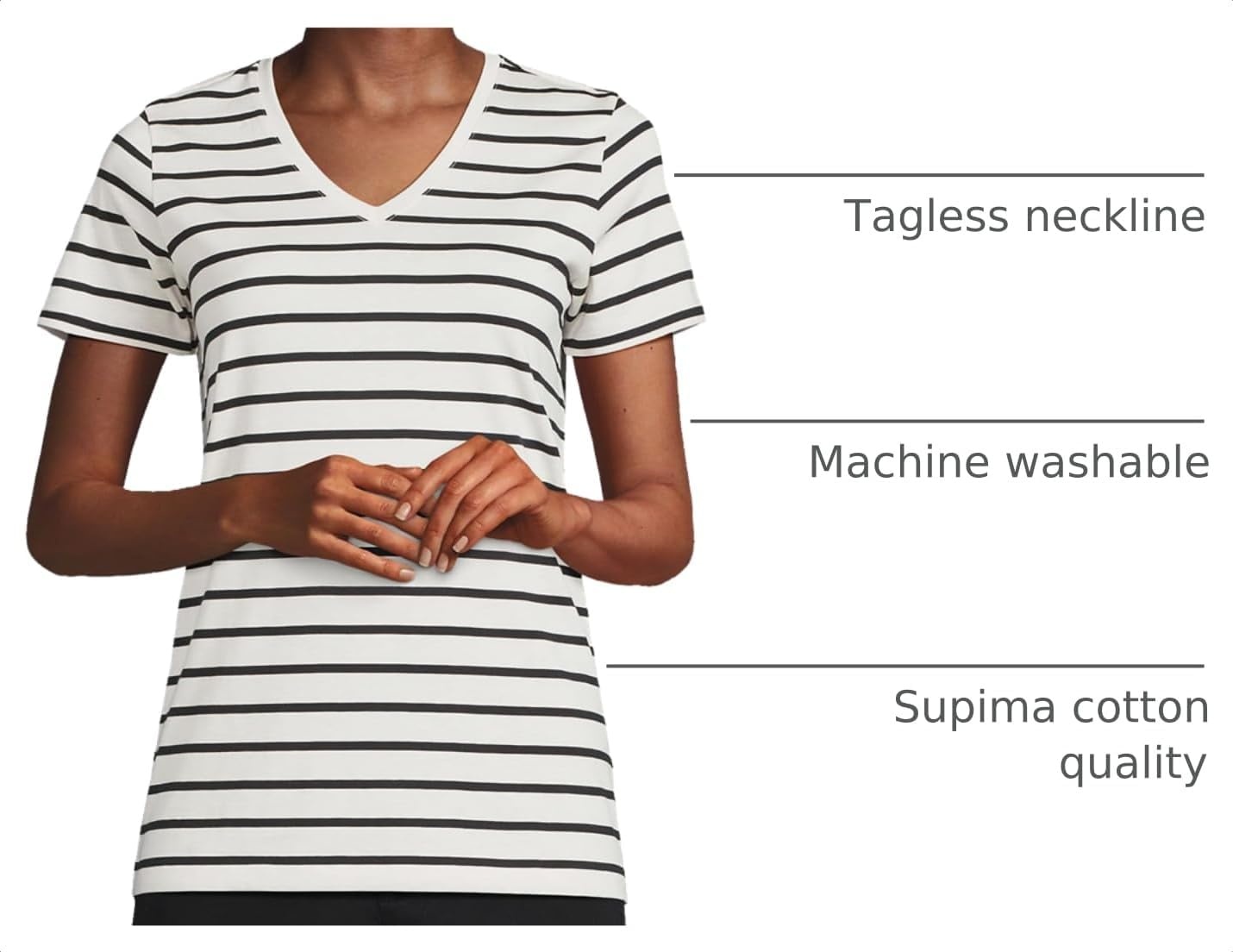 image:imageLands End Womens Supima VNeck TShirtIvoryBlack Breton Stripe