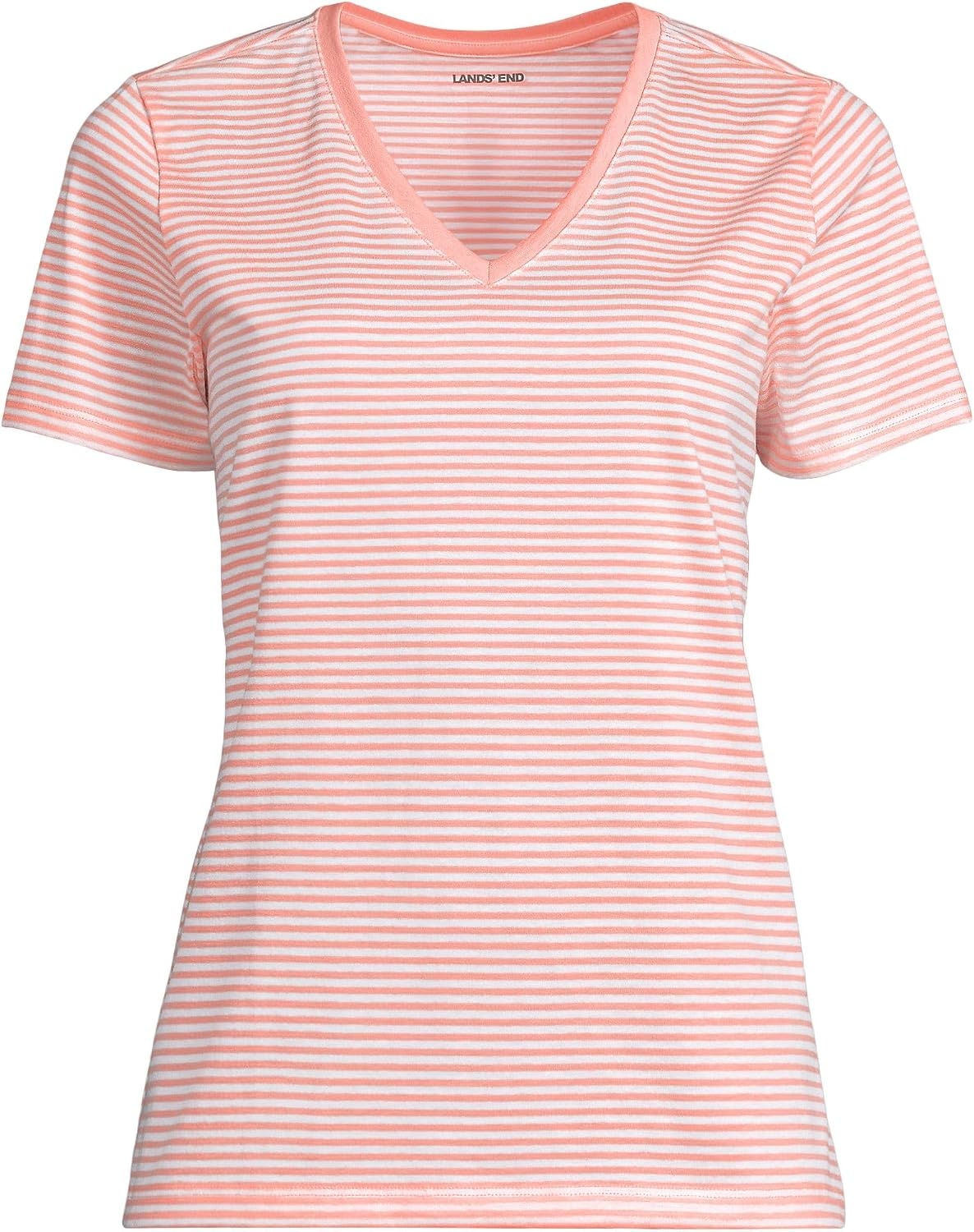 image:imageLands End Womens Supima VNeck TShirtSunset Coral Pink Micro Stripe