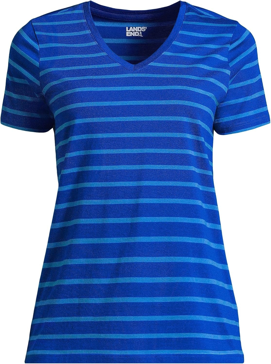 image:imageLands End Womens Supima VNeck TShirtTrue Cobalt Blue Breton Stripe