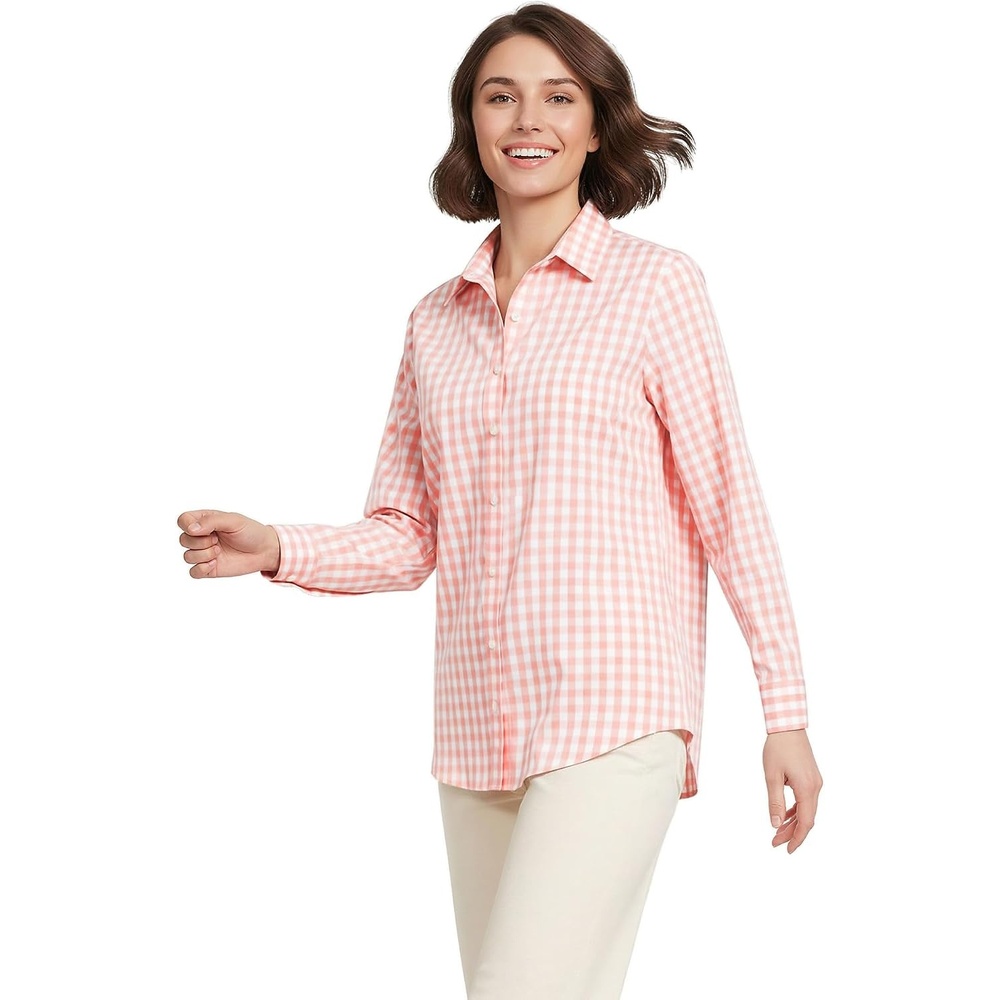 image:imageLands End Womens Pinwale Cord Long Sleeve ShirtSunset Coral Pink Gingham