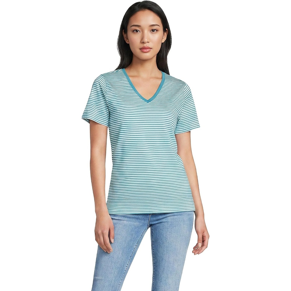 image:imageLands End Womens Supima VNeck TShirtBright Aqua Micro Stripe