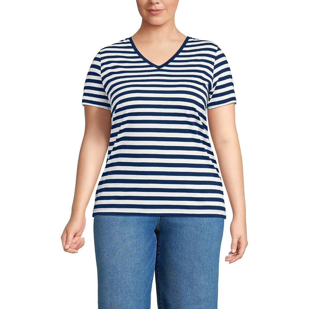 image:imageLands End Womens Supima VNeck TShirtDeep Sea Navy Even Stripe