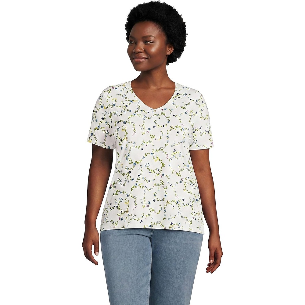 image:imageLands End Womens Supima VNeck TShirtIvory Multi Floral Vine