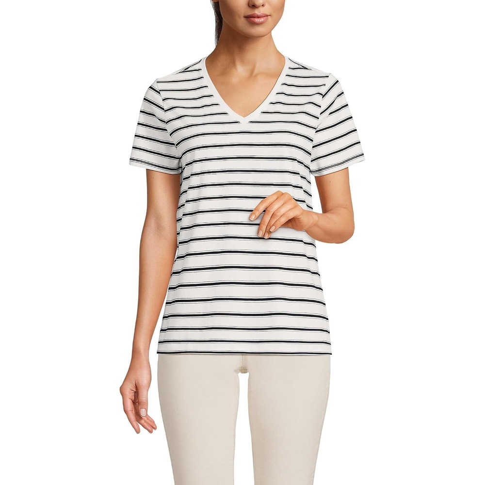 image:imageLands End Womens Supima VNeck TShirtIvoryBlack Rail Stripe