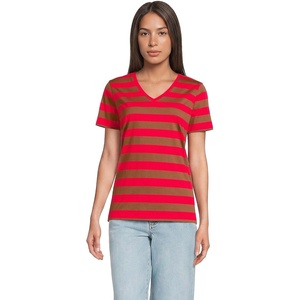 Lands’ End Women’s Supima V-Neck T-Shirt(Compass Red/Brown Bold Stripe)