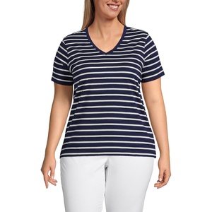 Lands’ End Women’s Supima V-Neck T-Shirt(Deep Sea Navy Breton Stripe)