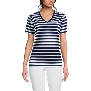 Lands’ End Women’s Supima V-Neck T-Shirt(Deep Sea/Blue Multi Stripe)