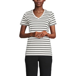 Lands’ End Women’s Supima V-Neck T-Shirt(Ivory/Black Breton Stripe)