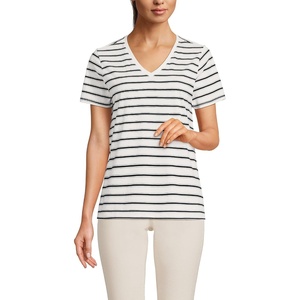 Lands’ End Women’s Supima V-Neck T-Shirt(Ivory/Black Rail Stripe)