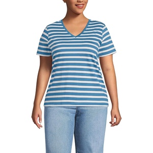 Lands’ End Women’s Supima V-Neck T-Shirt(Teal Blue Ocean Multi Stripe)