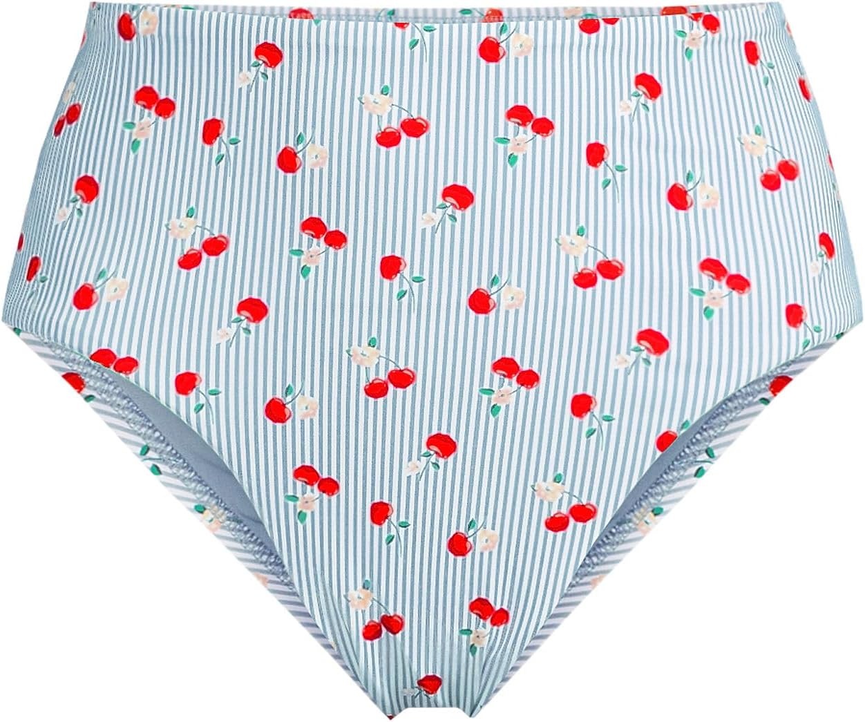 image:imageLands End Womens Ribbed Smoothing High Waisted Bikini BottomsDusk Sky Cherry Stripe