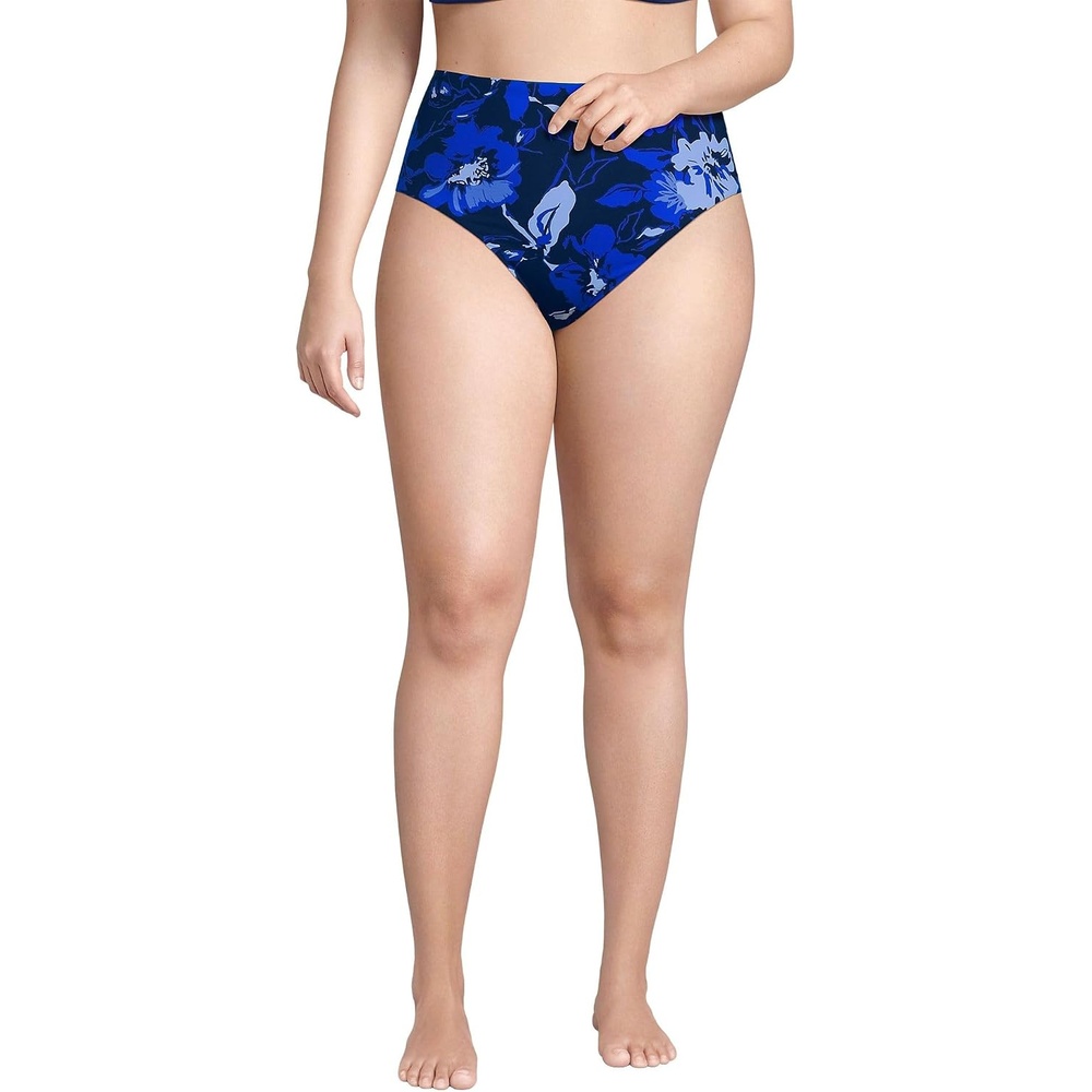 image:imageLands End Womens Ribbed Smoothing High Waisted Bikini BottomsDeep Sea Navy Abstract Floral