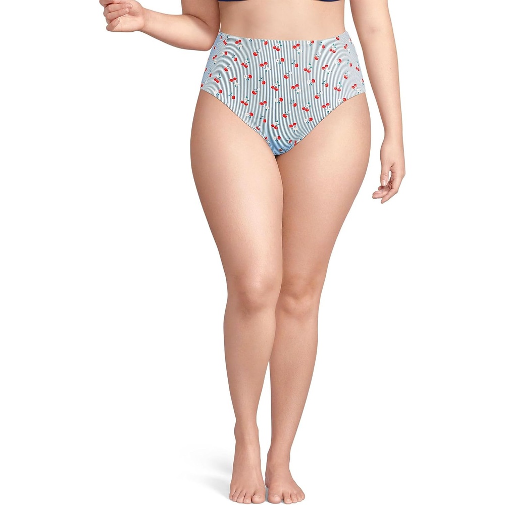 image:imageLands End Womens Ribbed Smoothing High Waisted Bikini BottomsDusk Sky Cherry Stripe
