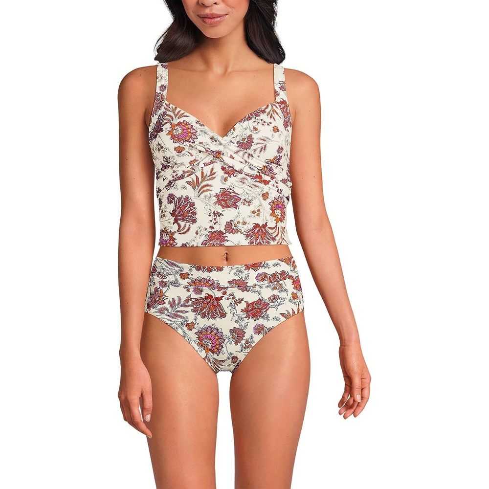 image:imageLands End Womens Wrap Midkini TopEgret White Ornate Floral