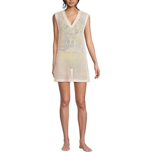 Lands’ End Women’s Cotton Open Knit V-Neck Swim Cover-up Dress(Washed Sand)