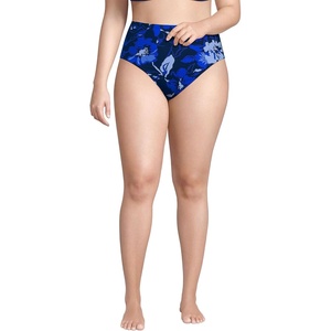 Lands’ End Women’s Ribbed Smoothing High Waisted Bikini Bottoms(Deep Sea Navy Abstract Floral)