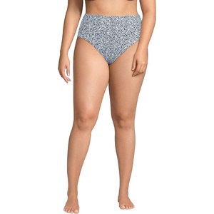 Lands’ End Women’s Ribbed Smoothing High Waisted Bikini Bottoms(White/Navy Ditsy Lilies)