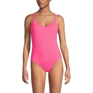 Lands’ End Women’s Tugless Quickdry V-Neck Multi-Way High Leg One Piece Swimsuit(Pink Azalea)