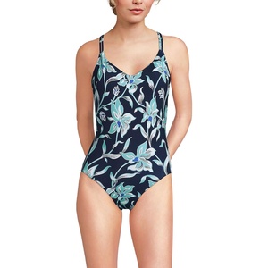 Lands’ End Women’s Tugless Quickdry V-Neck Multi-Way High Leg One Piece Swimsuit(Tropic Floral/Navy)