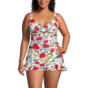 Lands’ End Women’s Wrap Midkini Top(Egret/Poppy Floral)