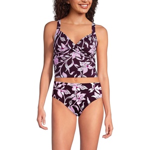 Lands’ End Women’s Wrap Midkini Top(Tropic Floral/Dark Wine)