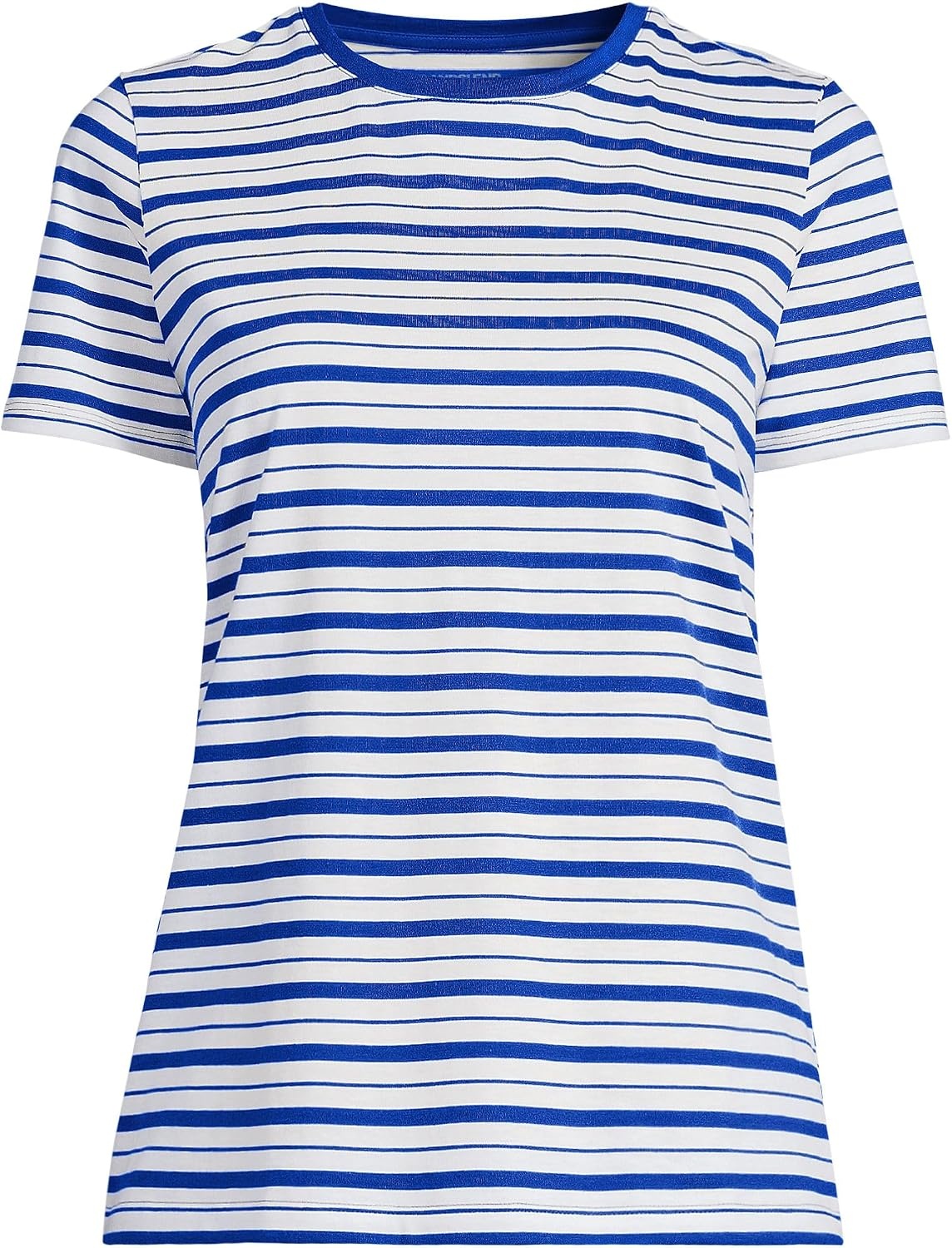 image:imageLands End Womens Supima Crew Neck TShirt AmericanGrown Supima Cotton Relaxed Fit Tagless MidHip Length Layering Petite and Plus SizesIvoryVibrant Lapis Stripe