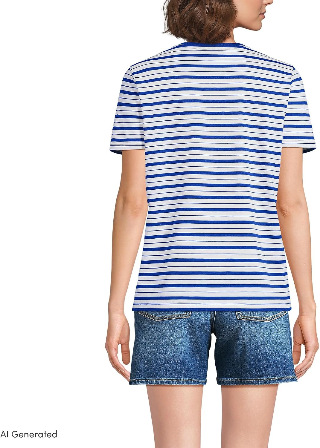 image:imageLands End Womens Supima Crew Neck TShirt AmericanGrown Supima Cotton Relaxed Fit Tagless MidHip Length Layering Petite and Plus SizesIvoryVibrant Lapis Stripe