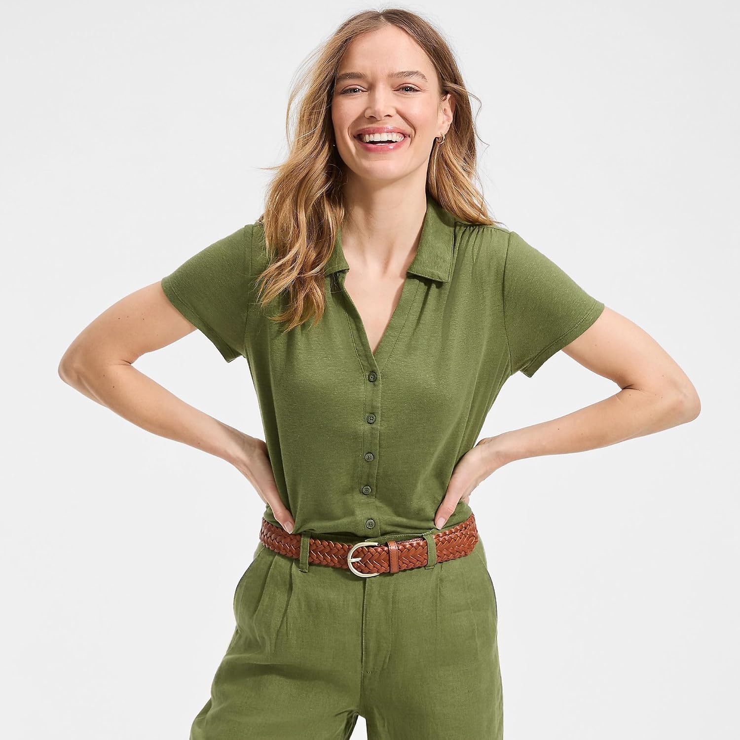 image:imageWomens Linen Blend Short Sleeve Button Front Polo TopArtichoke
