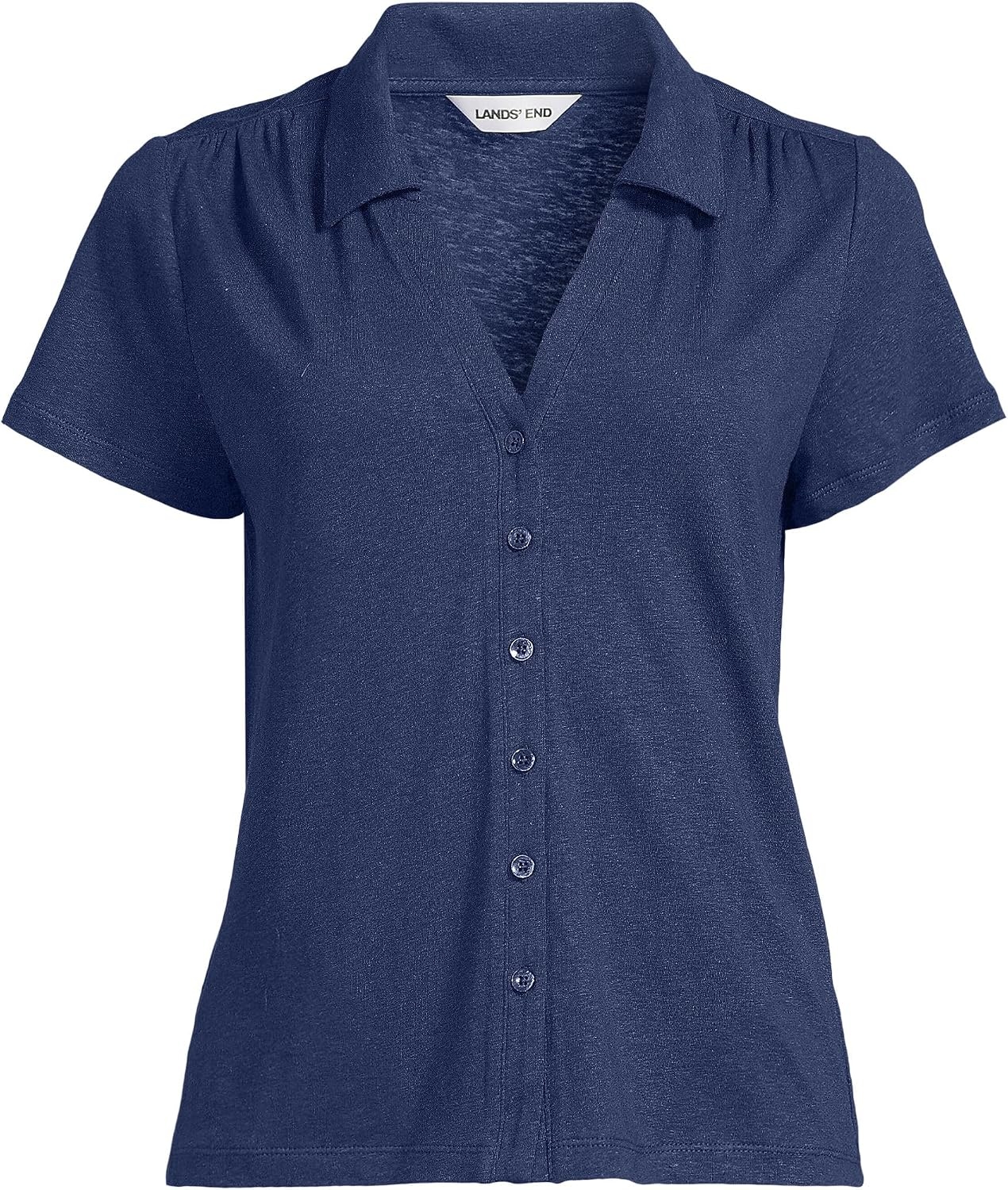 image:imageWomens Linen Blend Short Sleeve Button Front Polo TopDeep Sea Navy