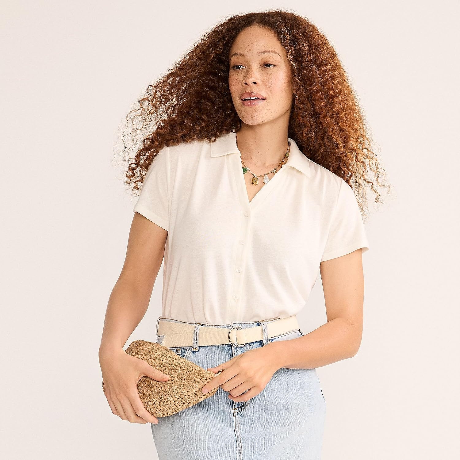 image:imageWomens Linen Blend Short Sleeve Button Front Polo TopIvory