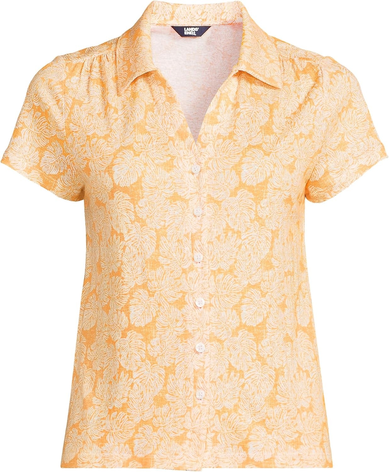 image:imageWomens Linen Blend Short Sleeve Button Front Polo TopSweet Mango Palm Leaves