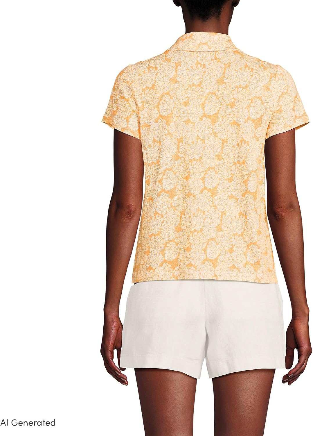 image:imageWomens Linen Blend Short Sleeve Button Front Polo TopSweet Mango Palm Leaves