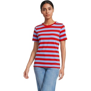 Lands’ End Women’s Supima Crew Neck T-Shirt | American-Grown Supima Cotton, Relaxed Fit, Tagless, Mid-Hip Length, Layering, Petite and Plus Sizes(Compass Red/Blue Bold Stripe)