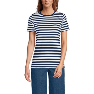 Lands’ End Women’s Supima Crew Neck T-Shirt | American-Grown Supima Cotton, Relaxed Fit, Tagless, Mid-Hip Length, Layering, Petite and Plus Sizes(Deep Sea Navy Even Stripe)