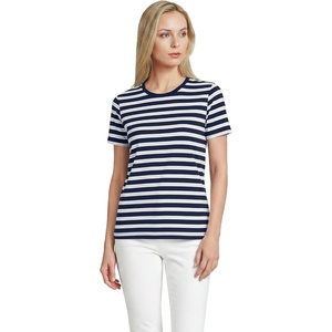 Lands’ End Women’s Supima Crew Neck T-Shirt | American-Grown Supima Cotton, Relaxed Fit, Tagless, Mid-Hip Length, Layering, Petite and Plus Sizes(Deep Sea/Blue Multi Stripe)