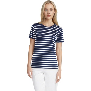 Lands’ End Women’s Supima Crew Neck T-Shirt | American-Grown Supima Cotton, Relaxed Fit, Tagless, Mid-Hip Length, Layering, Petite and Plus Sizes(Deep Sea/Ivory Breton Stripe)