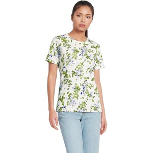 Lands’ End Women’s Supima Crew Neck T-Shirt | American-Grown Supima Cotton, Relaxed Fit, Tagless, Mid-Hip Length, Layering, Petite and Plus Sizes(Ivory/Blue Blooms)
