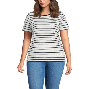 Lands’ End Women’s Supima Crew Neck T-Shirt | American-Grown Supima Cotton, Relaxed Fit, Tagless, Mid-Hip Length, Layering, Petite and Plus Sizes(Ivory/Radiant Navy Rail Stripe)