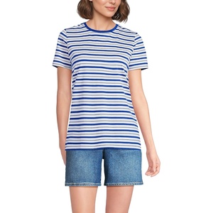 Lands’ End Women’s Supima Crew Neck T-Shirt | American-Grown Supima Cotton, Relaxed Fit, Tagless, Mid-Hip Length, Layering, Petite and Plus Sizes(Ivory/Vibrant Lapis Stripe)