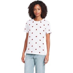 Lands’ End Women’s Supima Crew Neck T-Shirt | American-Grown Supima Cotton, Relaxed Fit, Tagless, Mid-Hip Length, Layering, Petite and Plus Sizes(Lady Bug/White)