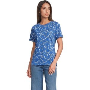 Lands’ End Women’s Supima Crew Neck T-Shirt | American-Grown Supima Cotton, Relaxed Fit, Tagless, Mid-Hip Length, Layering, Petite and Plus Sizes(Muted Cobalt Blue Floral Vine)