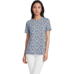 Lands’ End Women’s Supima Crew Neck T-Shirt | American-Grown Supima Cotton, Relaxed Fit, Tagless, Mid-Hip Length, Layering, Petite and Plus Sizes(Navy/Clear Blue Ditsy Floral)