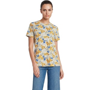 Lands’ End Women’s Supima Crew Neck T-Shirt | American-Grown Supima Cotton, Relaxed Fit, Tagless, Mid-Hip Length, Layering, Petite and Plus Sizes(Soft Citrus/Blue Flower Patch)