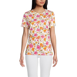 Lands’ End Women’s Supima Crew Neck T-Shirt | American-Grown Supima Cotton, Relaxed Fit, Tagless, Mid-Hip Length, Layering, Petite and Plus Sizes(White Multi Painted Blooms)