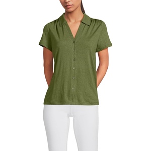 Women’s Linen Blend Short Sleeve Button Front Polo Top(Artichoke)