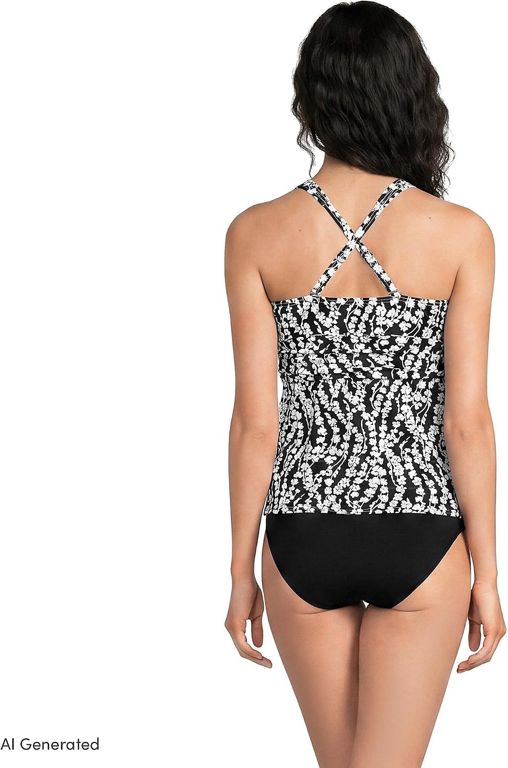 image:imageLands End Womens DCup Plunge Tankini TopBlackWhite Vine Floral