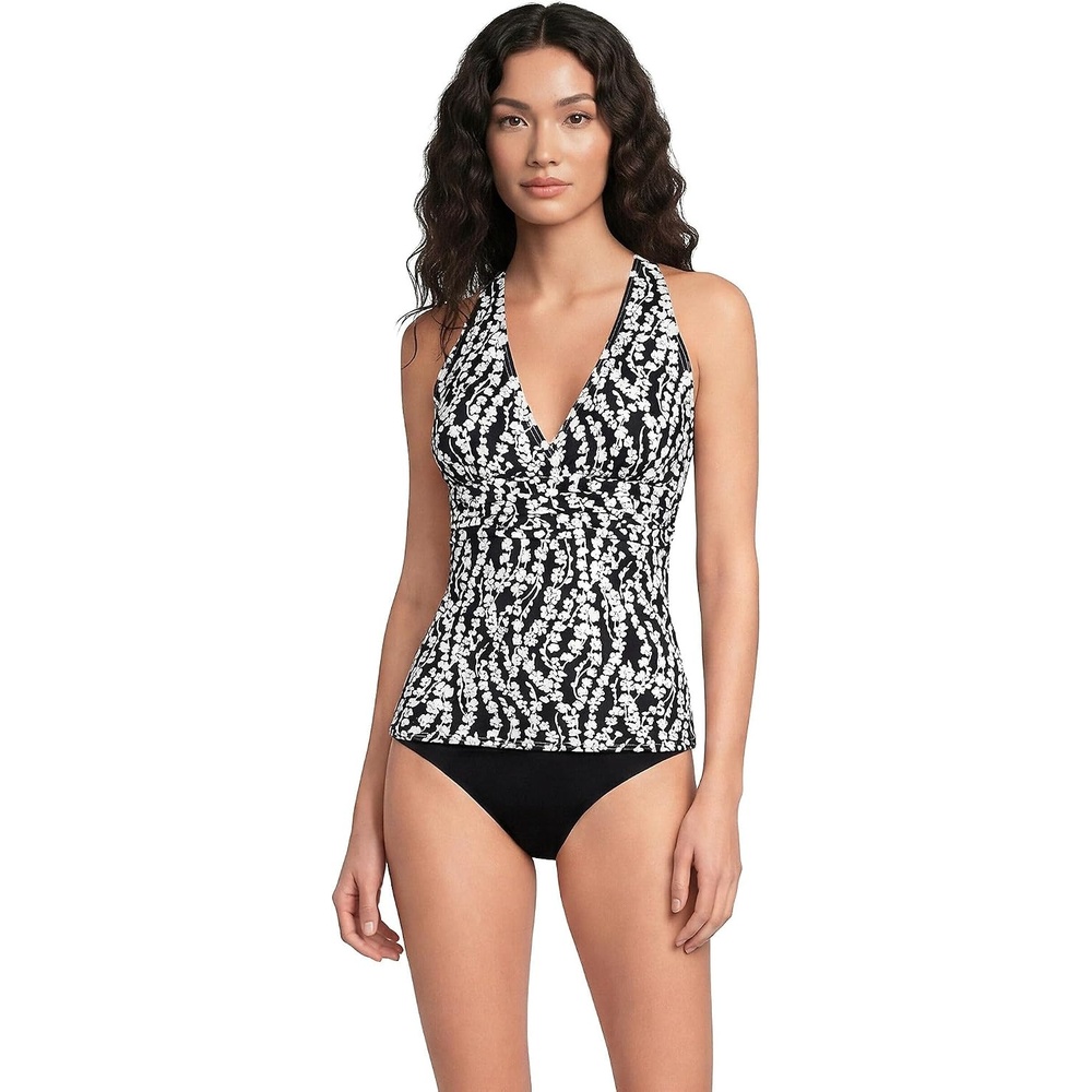 image:imageLands End Womens DCup Plunge Tankini TopBlackWhite Vine Floral